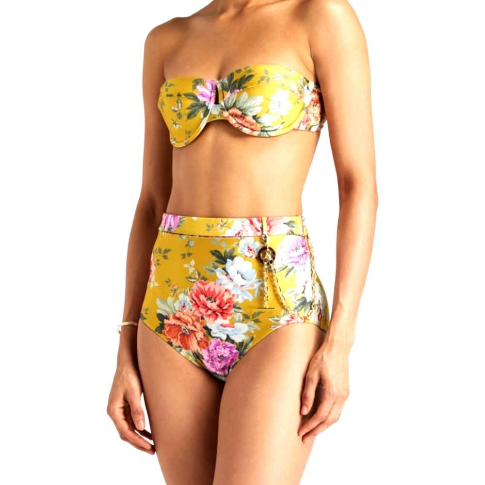 High-Waist Bandeau Floral Bikini Set - Yellow
